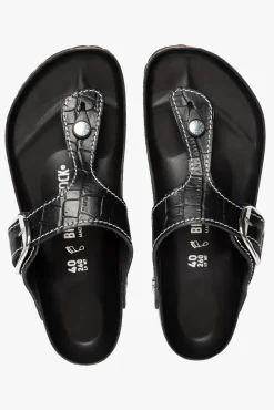 STAUD -BIRKENSTOCK + GIZEH SANDAL BLACK CROC EMBOSSED